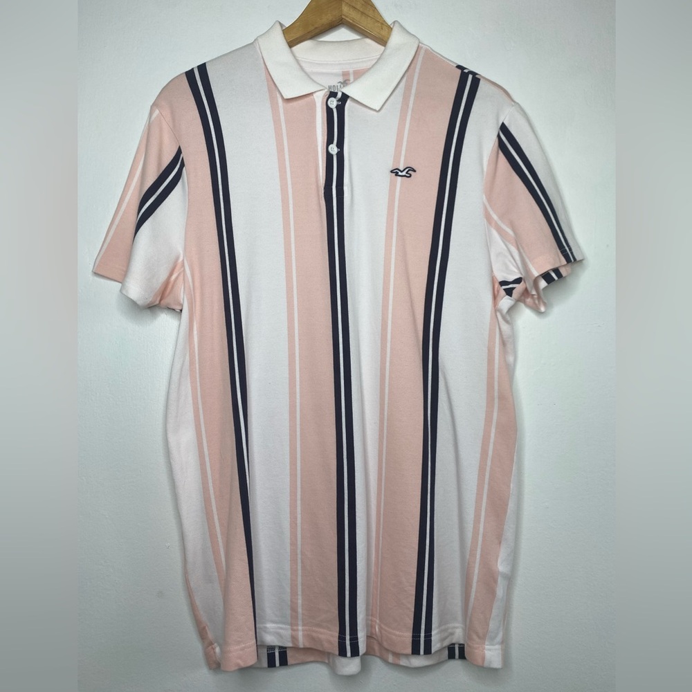 Hollister Striped Pastel Pink and Navy Polo Size Large Preppy